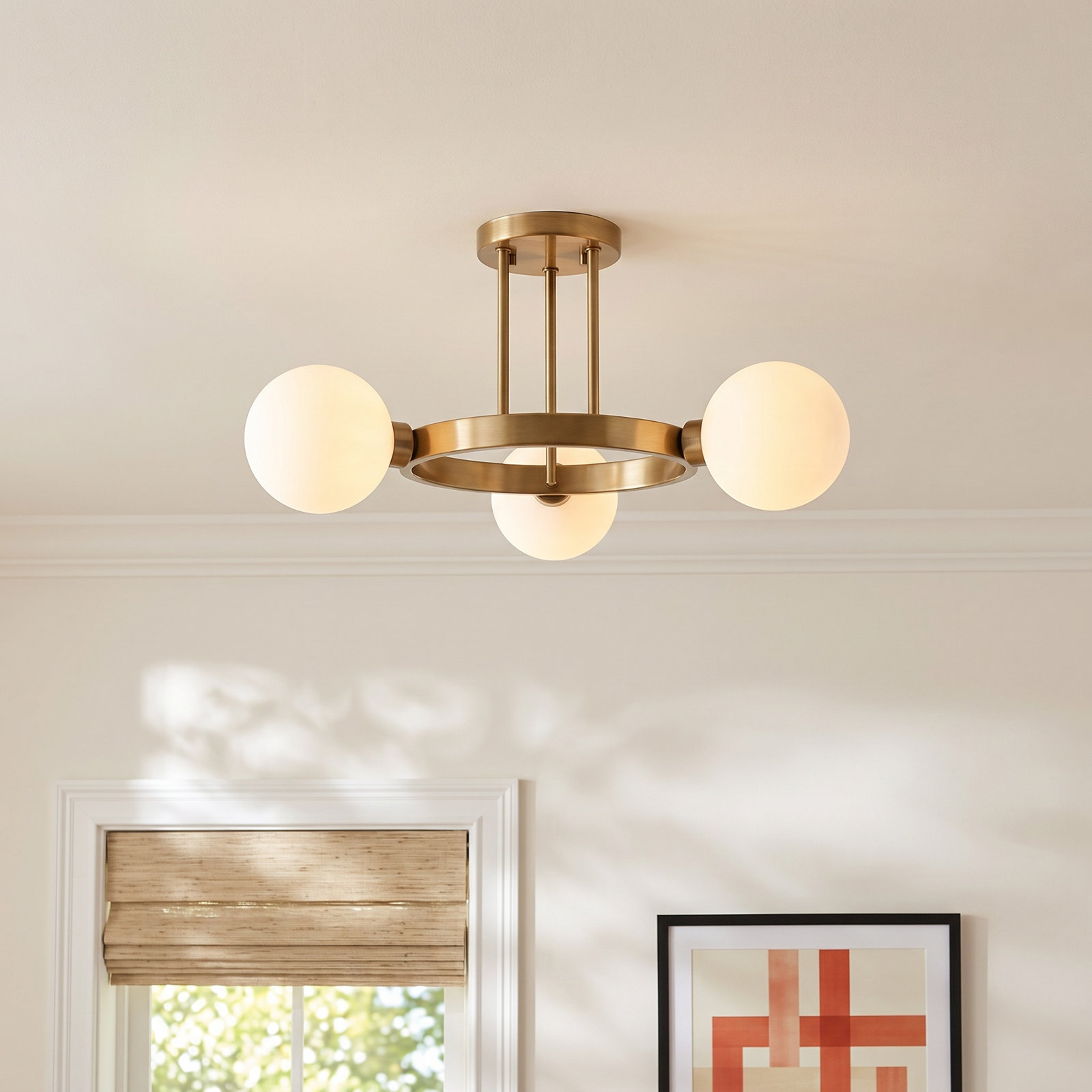 Eveliina 3 Light Glass Semi Flush Mount, Satin Brass