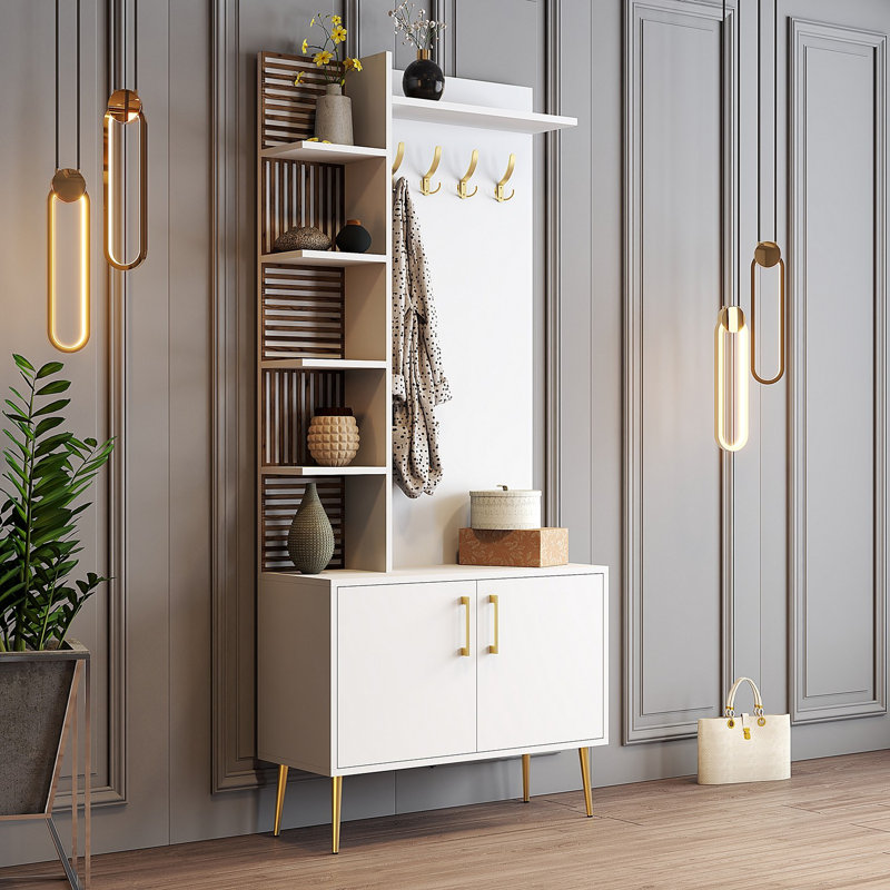 Modern Hall Stand with White & Gold Finish, 35.4 x 79.5 x 13.8 inches | 100% Melamine Coated Particle Board, Thickness: 0.7 inches | Elegant Design for Entryway Storage & Organization, Stylish and Durable