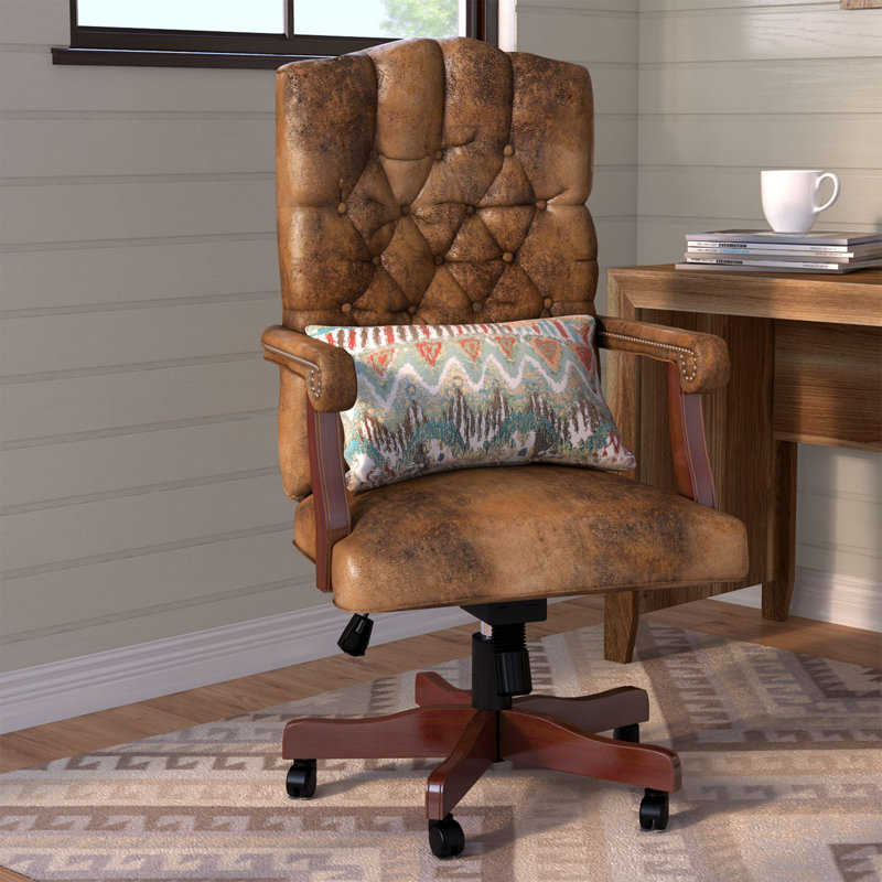 Rustic Brown Leather Executive Swivel Office Chair with Arms