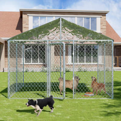 10 FT Large Outdoor Dog Kennel with Roof Heavy Duty Dog Kennel House,Galvanized Chain Link Dog Runs with Secure Lock