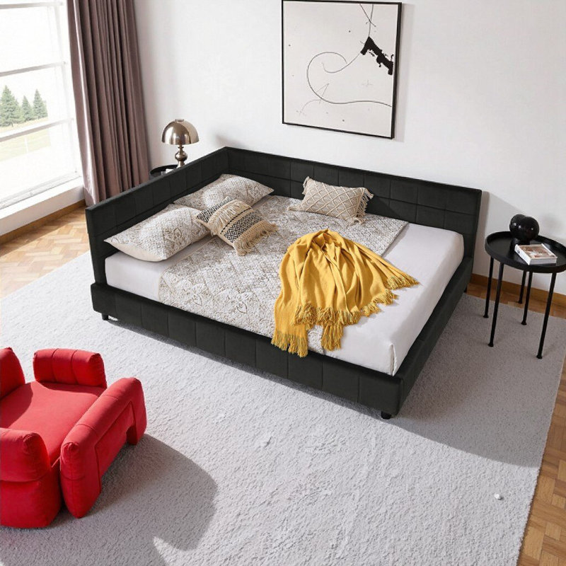 Structure de canapé-lit en velours capitonné pour grand lit - Lit rembourré noir moderne Mid-Century pour chambre à coucher et salon