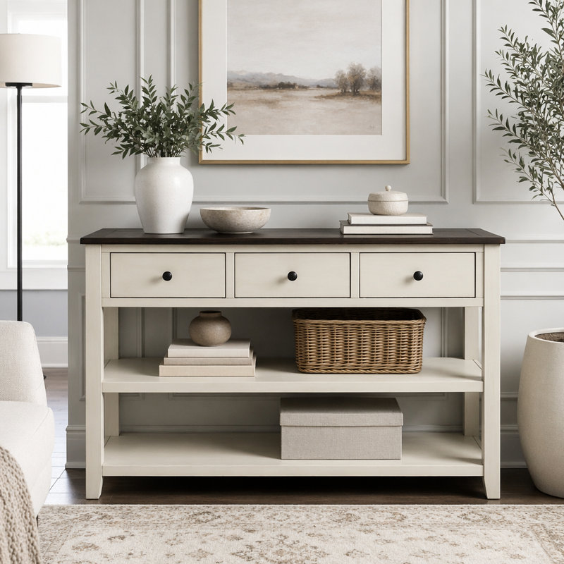 Console rétro avec trois tiroirs et deux tablettes ouvertes, Beige, espresso