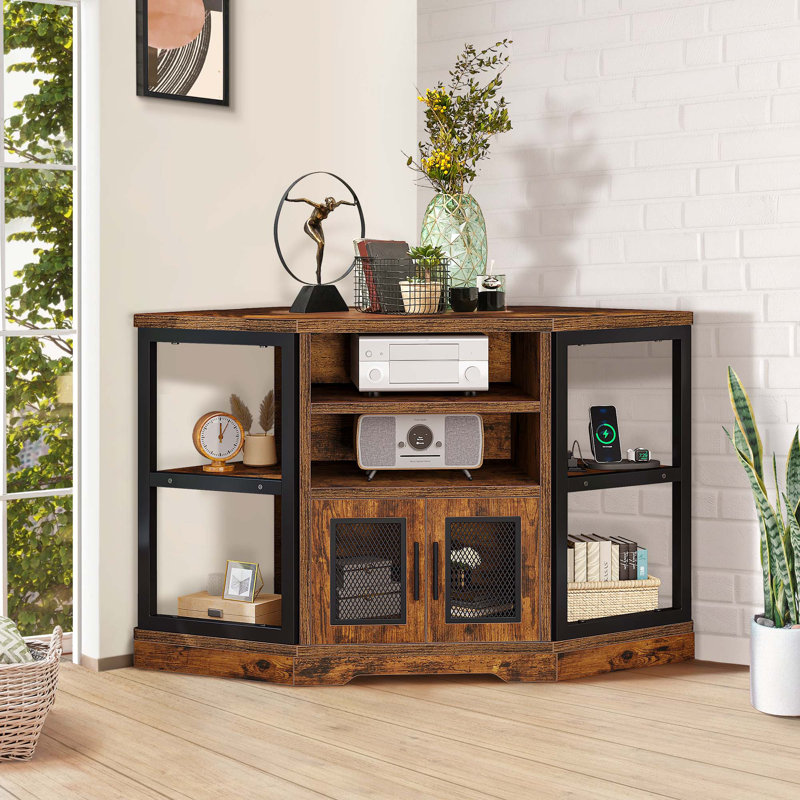 Preiss 47" Corner TV Stand with Media Storage for TVs up to 50" For Living Room, Brown/Black