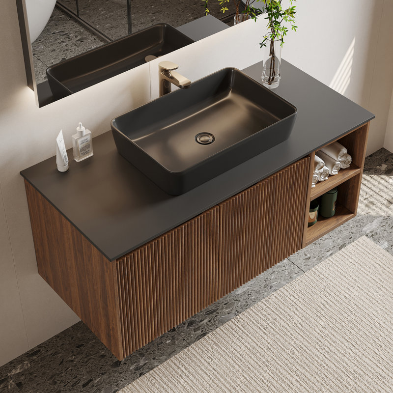 Meuble-lavabo simple brun 36 po avec lavabo en céramique noire 36 po