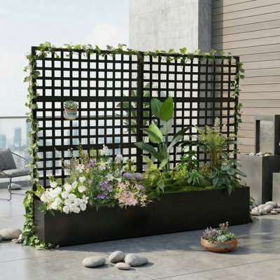 2pcs Metal Privacy Planter With Trellis, Raised Garden Bed Privacy Screen With Drainage Holes, Black, 70" X 46" X 12"