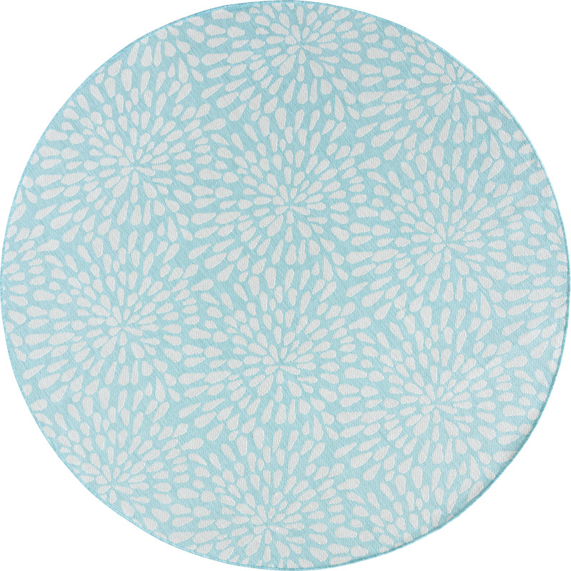 Tapis d'intérieur / extérieur à motif floral turquoise / blanc Hinz, Rond 5 pi 3 po
