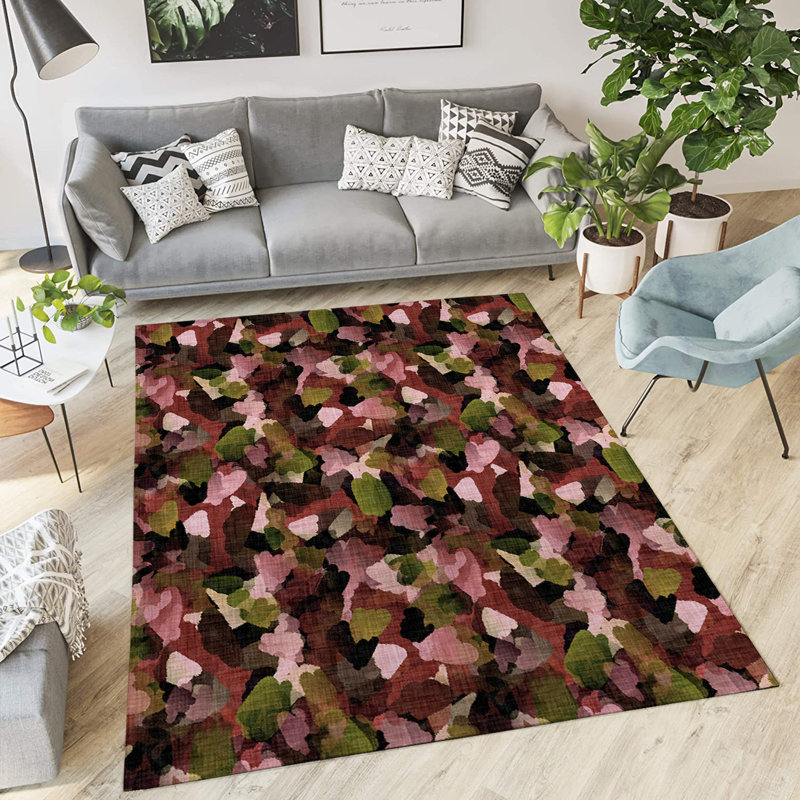 Tapis intérieur / extérieur rectangulaire en polyester tissé à la machine noir / rose / vert, Rectangle 3 pi x 5 pi