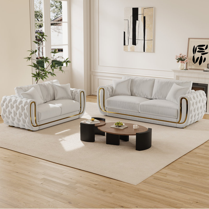  Ensemble de canapé de salon en velours scintillant 2 pièces avec accoudoirs dorés, Beige