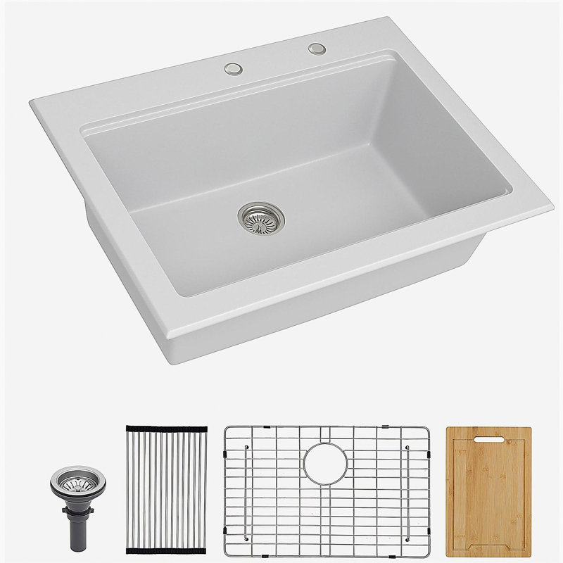 Évier de cuisine à quartz - Évier de cuisine encastré en granite blanc 30 po x 22 po x 10 po