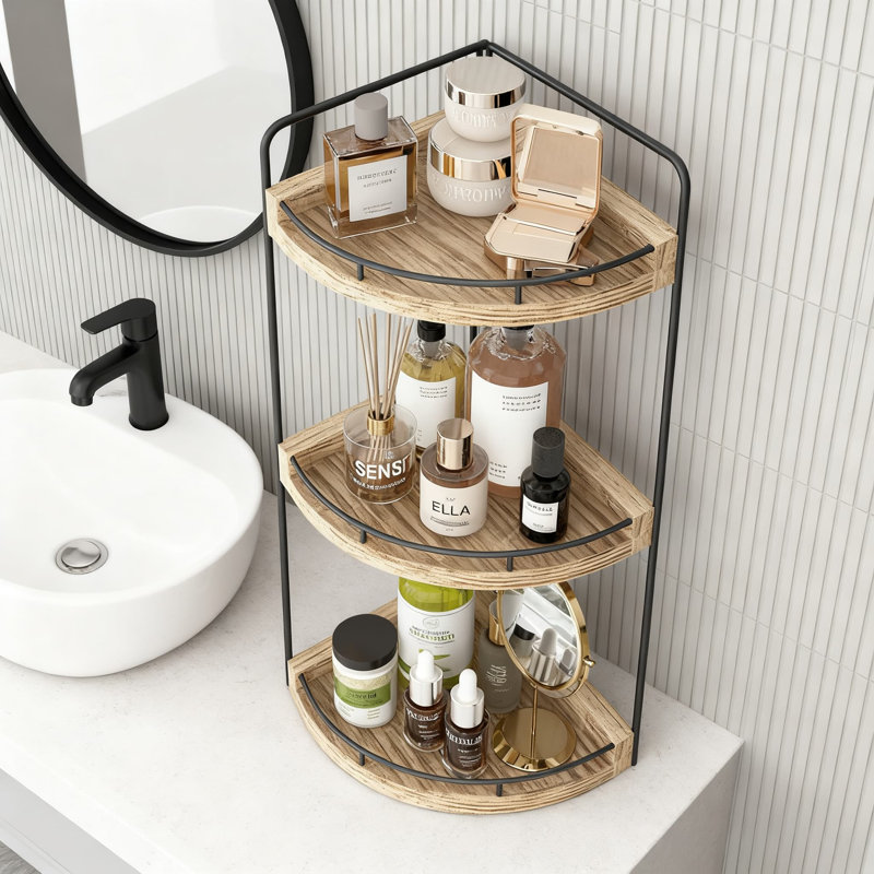 3-Tier Corner Counter Organizer, Rustic Wood Bathroom Storage Tray For Vanity, Kitchen And Bedroom Countertop Space Saving Solution