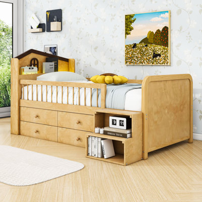 House Shape Platform Bed with LED Light, Drawers, and Storage Headboard