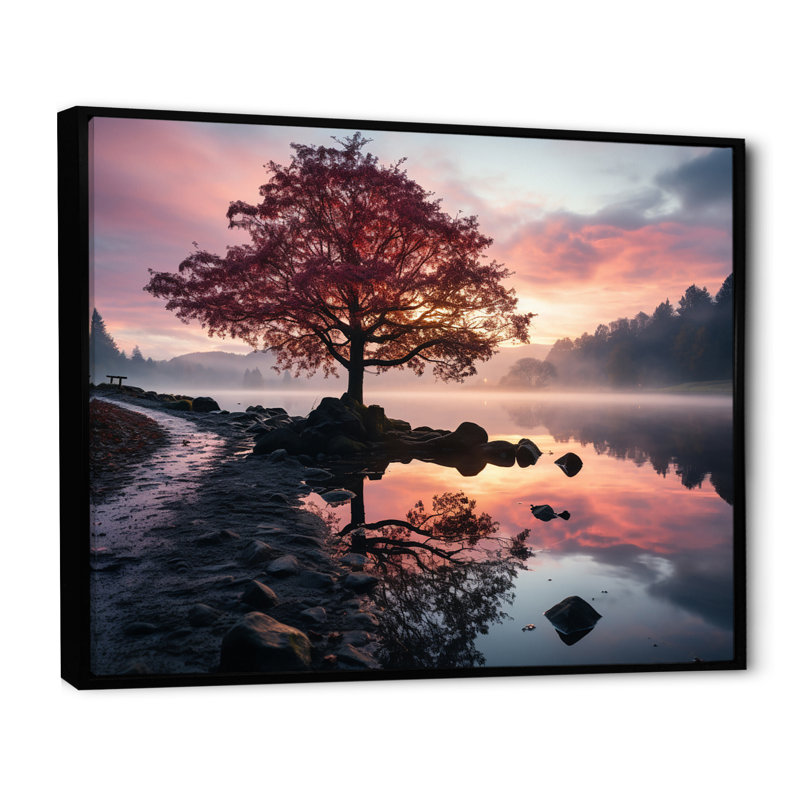 «Lake Serenity Pastel Sunrise in Autumn I», reproduction sur toile, H 34 po x l 44 po x P 1,5 po, Cadre flottant noir