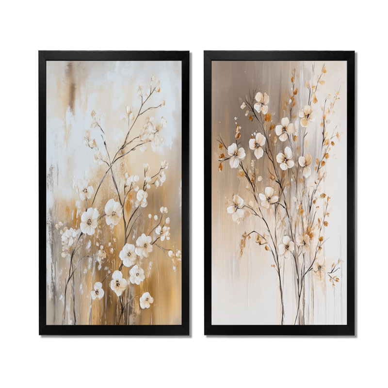 Branche de cerisier immobile I - Ensemble de 2 impressions sur toile Japandi, 32" H x 32" W, Black Picture Framed
