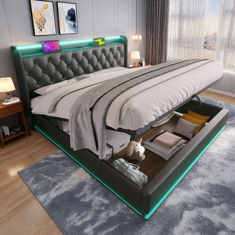 Lit tapissier avec DEL, lit de rangement hydraulique avec charge USB Type-C, Très grand lit
