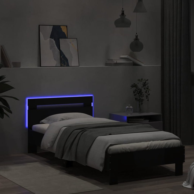 17 Stories Bed Frame With Headboard And LED Small Double, Smoked Oak, Single (3')