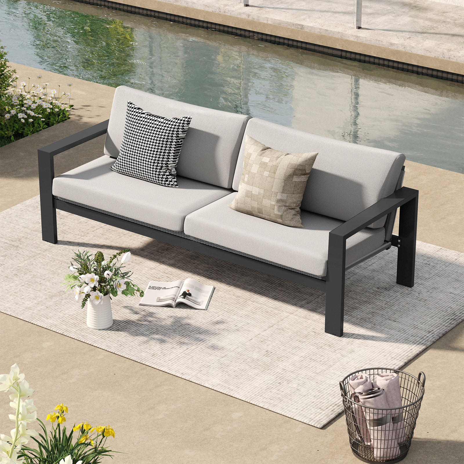 Caputo 84" Aluminum Patio Sofa with Light Gray Cushions