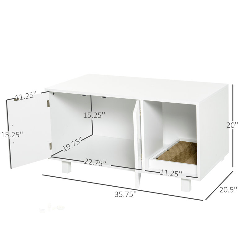 Enceinte en bois pour litière pour chat, multifonctionnelle avec table de bout, grattoir et portes magnétiques, blanc