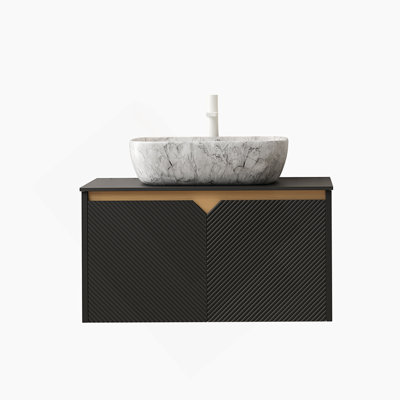 Meuble-lavabo 30 po, meuble de rangement mural en contreplaqué flottant, portes doubles en sergé avec garniture en métal, vasque rectangulaire en céramique à motif marbré et plateau en pierre frittée noire, noir