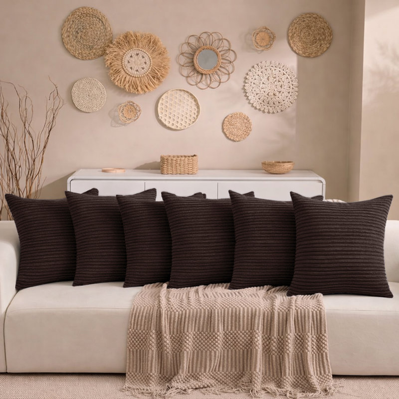 Aspire Homeware Striped Square Velvet Cushion Cover, Coffee, Pack of 6