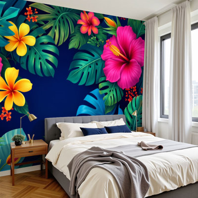 Peel and Stick Wallpaper Tropical Floral Hibiscus Vibrant Leaves Wall Murals 100"H x 144"W Removable PVC Wall Paper Self-Adhesive Wall Decor for Bedroom Living Room Home Office