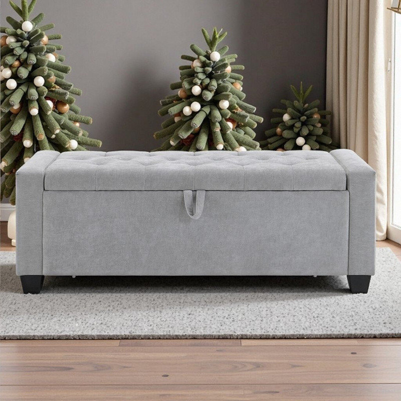 Ottoman Bench With Storage & Safety Hinge, Upholstered Entryway Seat, Holds 350 Lbs, Light Gray