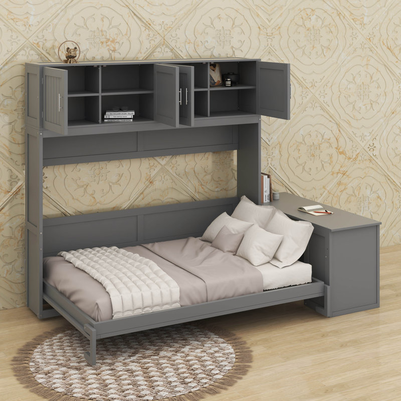 Grand lit escamotable avec bureau, tablettes et armoires, Gris
