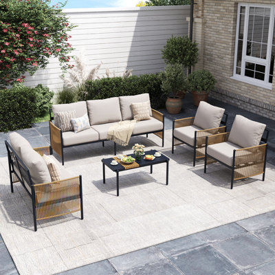 Ensemble de mobilier d'extérieur pour patio, ensembles de conversation pour patio 5 pièces avec table basse, corde en PEHD et accoudoirs en aluminium, ensembles de conversation d'extérieur avec coussins épais pour terrasse, cour arrière, encre indigo