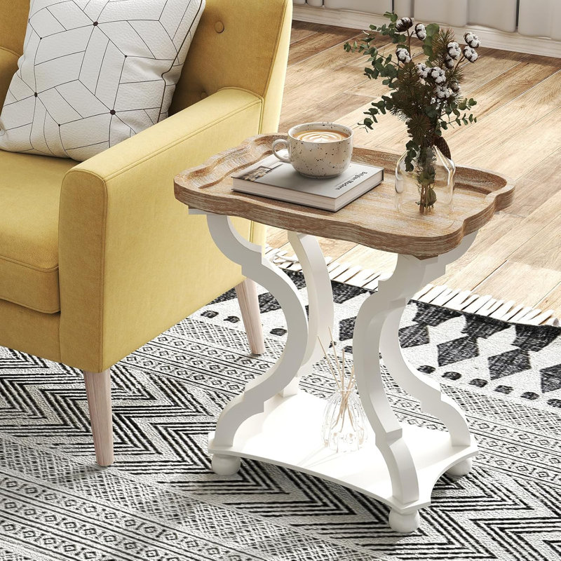 Table de bout Table Table d'appoint étroite pour les petits espaces, table d'appoint de salon, table-plateau en bois, table de chevet avec tablette, blanc et nature