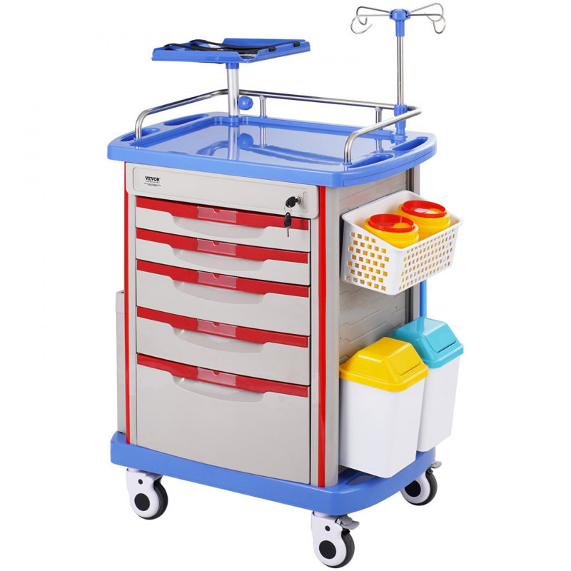 5 Tiers Lab Carts Mobile Medical Cart with 5 Drawers & 2 Trash Cans Blue, Trolley Storage Cart with PP Material
