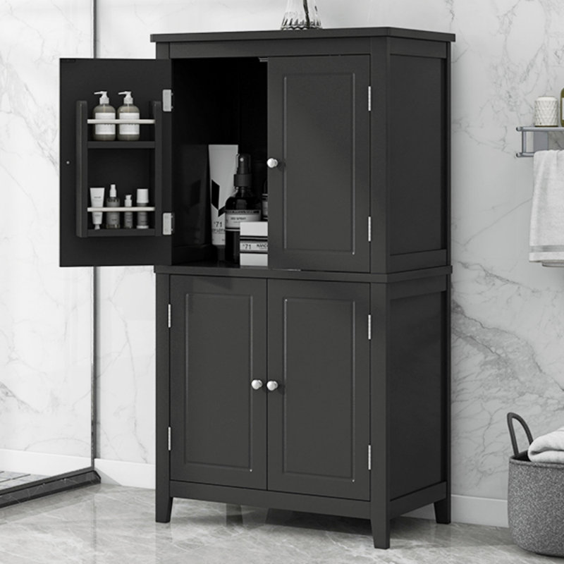 Armoire de rangement pour salle de bain élégante, unité de rangement pour salle de bain, armoire autoportante avec 4 portes, tablettes réglables, tablettes adaptables, noir