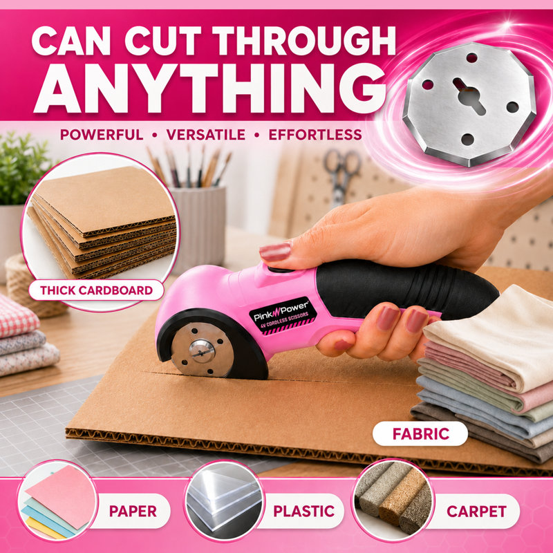 Ciseaux électriques sans fil Pink Power avec lame rotative ronde - Cutter rechargeable, outil de coupe de précision pour les loisirs créatifs, le bricolage, la couture, les tissus et les projets de loisirs.