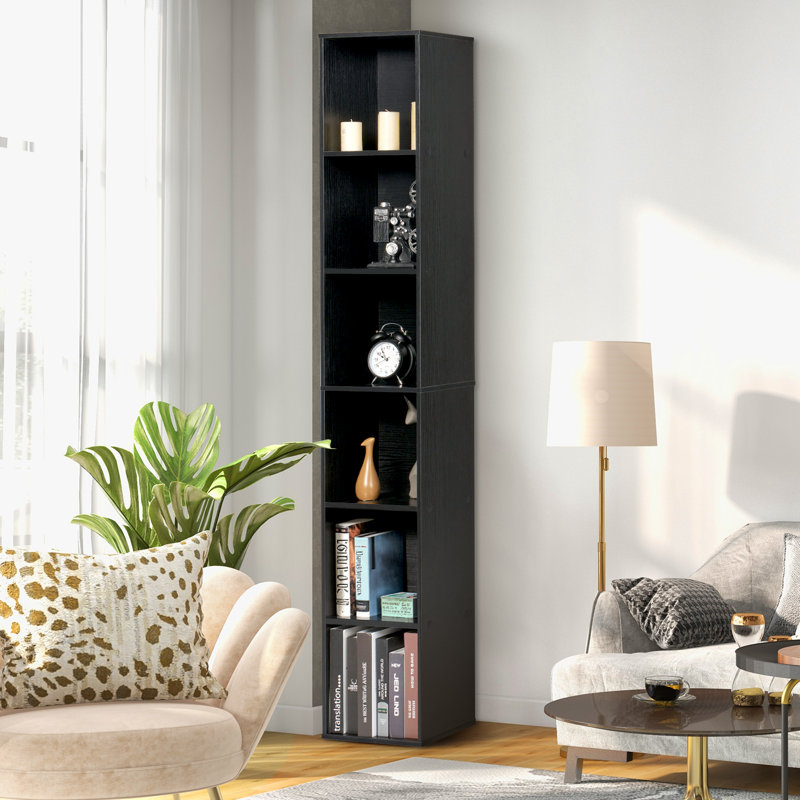6 Tiers Narrow Corner Bookshelf, Cube Bookcase with Storage for Small Spaces, Home, Office, Black