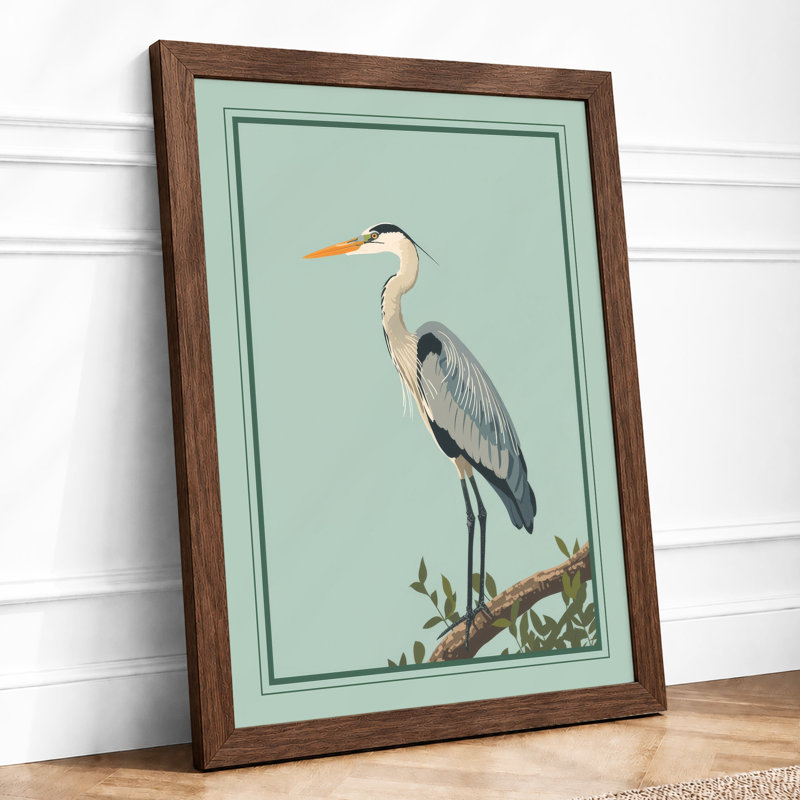 Great Blue Heron Japandi - Framed Print, Walnut, A3 - 42.0 x 29.7 cm