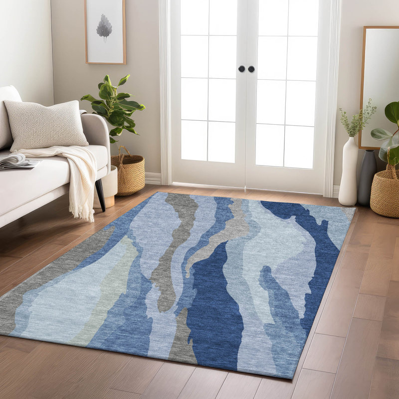 Blue Abstract Wave Pattern Washable Indoor/Outdoor Rug