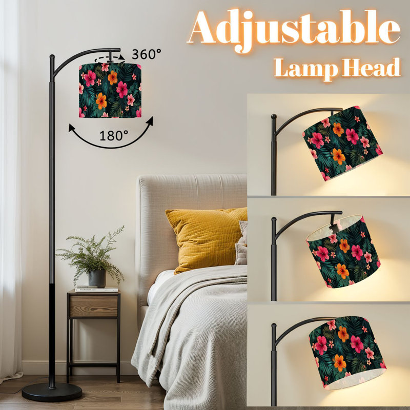Lampe sur pied à arc avec abat-jour réglable fleurs d'hibiscus tropicales lumineuses dessinées à la main Lampe sur pied à 3 températures de couleur à intensité variable avec interrupteur au pied pour la chambre à coucher