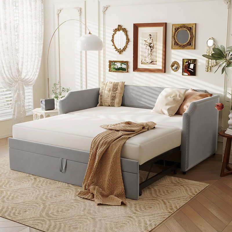 Velvet Upholstered Daybed With Pop Up Trundle, Gray