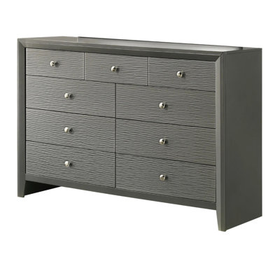 Deny 2Pc Dresser And Mirror Set, 9 Drawers, Silver Knobs, Metallic Gray Wood