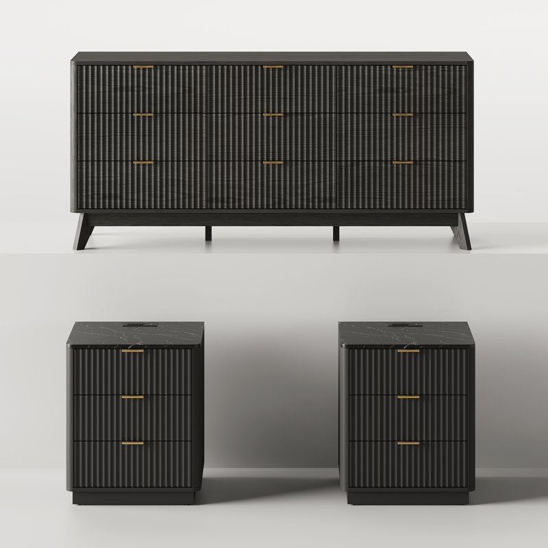Ensemble de chambre à coucher 3 pièces, commode 9 tiroirs et tables de chevet 3 tiroirs, Noir
