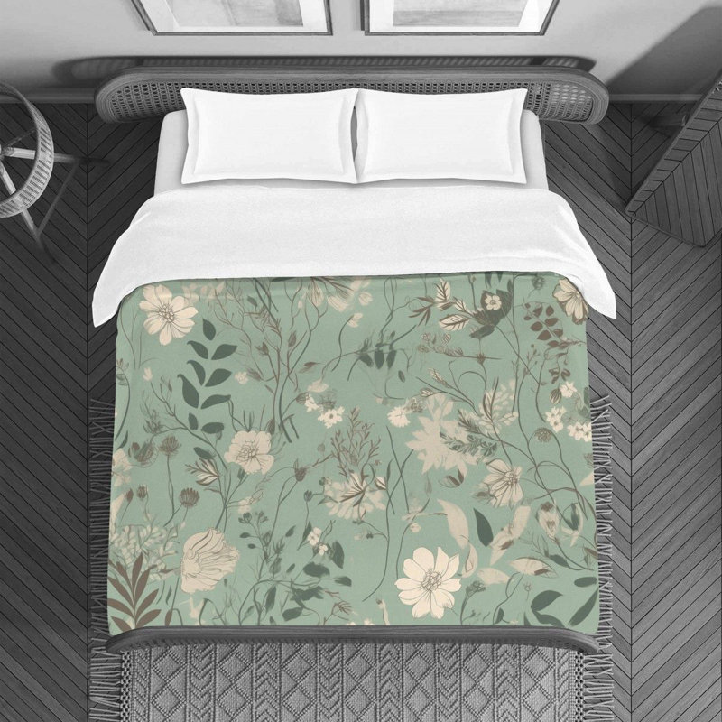 Floral Green/Beige Microfiber Duvet Cover, Twin Duvet Cover