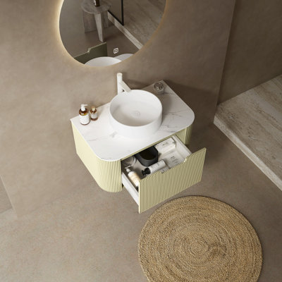 30" Bathroom Vanity&Sink, Floating Curved Edges Striped Bathroom Storage Plywood Cabinet with Drawer, White Round Ceramic Basin&Carrara White Sintered Stone Top, Pre-assembled, Dark Green Color