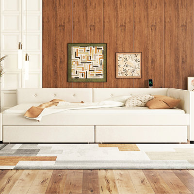 Lit double tapissier pleine grandeur beige avec rangement de tiroir -, sans sommier, attrait pour la chambre à coucher et 2 tiroirs, construction robuste, confort