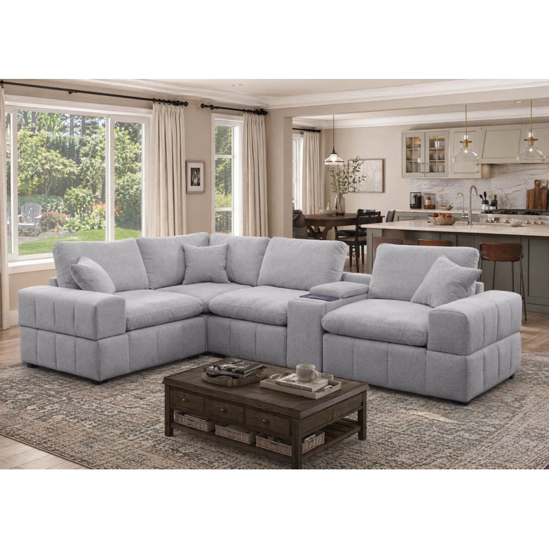 Canapé modulaire rembourré en chenille de l 122,62 po avec chargement sans fil, porte-gobelets et rangement (5 pièces)