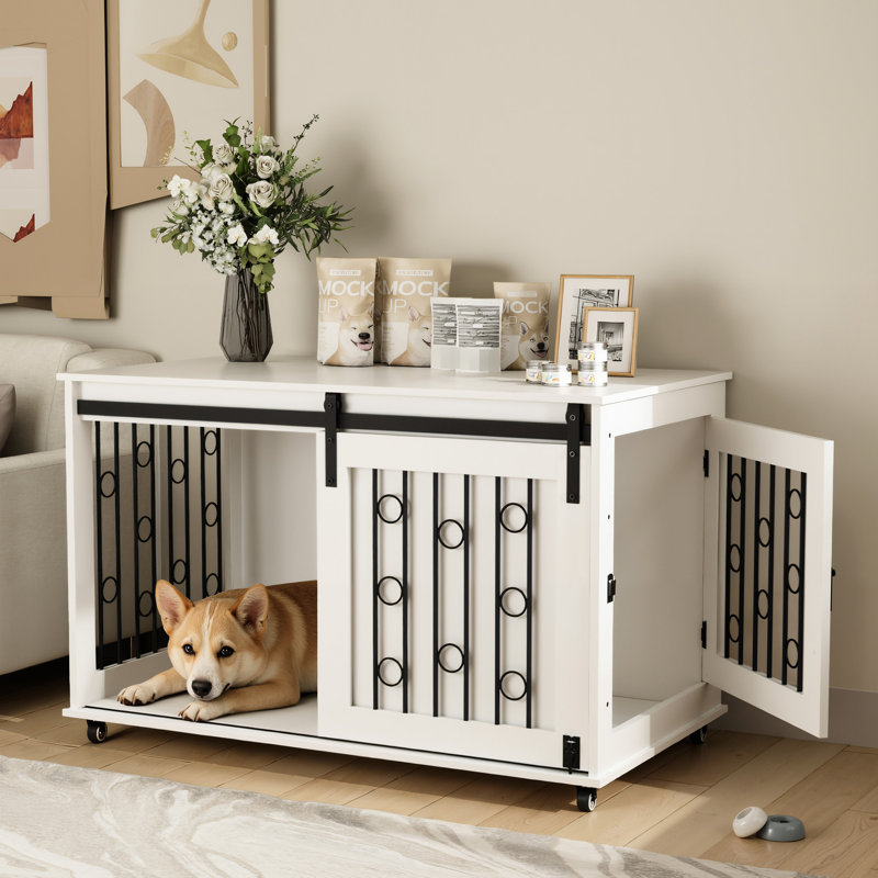 Meuble de 39,96 po moderne pour cage de chien, blanc avec porte de grange coulissante et côté pour petits et moyens chiens d'intérieur, barres en métal, roues verrouillables, cage d'assemblage facile à déplacer sur la surface fonctionnelle, barres de chenil