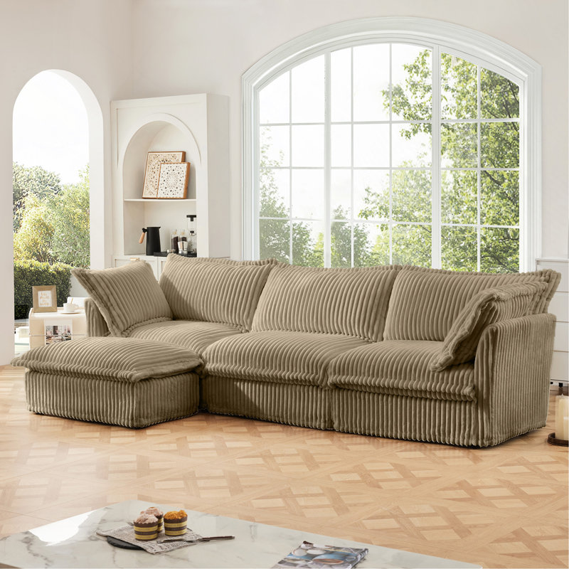 L-Shaped Slipcovered Sectional Sofa Couch, 34.6" H x 120" W x 55" D, Camel