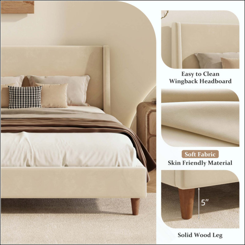 Lit plateforme tapissier moderne en velours beige avec tête de lit à oreilles et pieds en bois de noyer, aucun sommier nécessaire