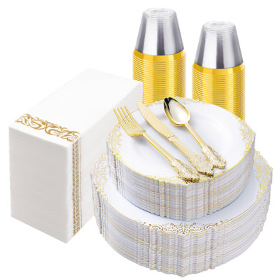 350 assiettes en plastique pour 50 personnes, 50 assiettes jetables avec garniture comprenant 50 assiettes à dîner et à dessert, 150 couverts, 50 tasses, 50 serviettes de table