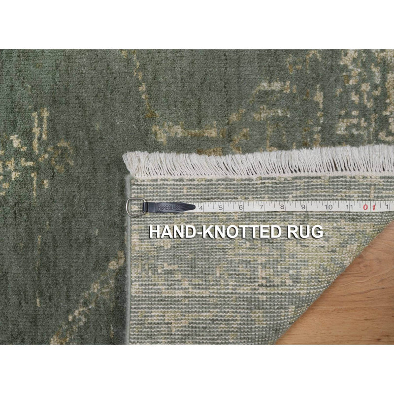 Tapis vert thym 2 pi x 2 pi, design moderne, ton sur ton, laine et soie, noué à la main, échantillon, carré, tapis, tapis oriental