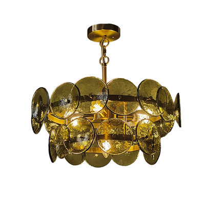 Lustre rond à 4 lumières de 50 cm (20 po), disque en verre soufflé à la main, laiton antique