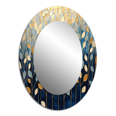 Sharod or et bleu feuilles décor minimaliste - miroir mural décoratif feuilles, grand miroir doré, art imprimé en métal