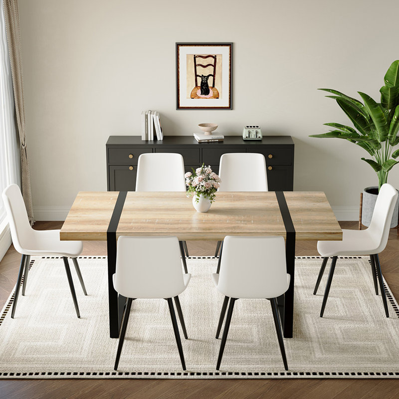 71" Modern Rectangular Dining Table Set, Black/White, 7